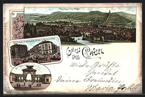 Lithographie Kassel, Panorama, Der Friedrich Wilhelmsplatz mit dem Löwenbrunnen, Au-Tor