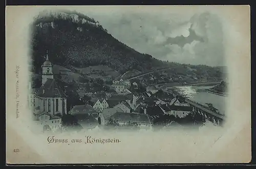 Mondschein-AK Königstein, Totale mit Kirche