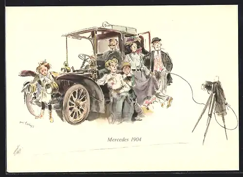 Künstler-AK Auto Mercedes 1904 beim Gruppenfoto der Familie