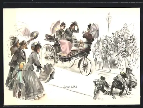 AK Benz Automobil 1888, Dreirad-Auto wird von Passanten bestaunt