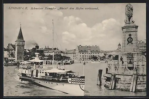 AK Lindau i. B., Dampfer Rhein den Hafen verlassend