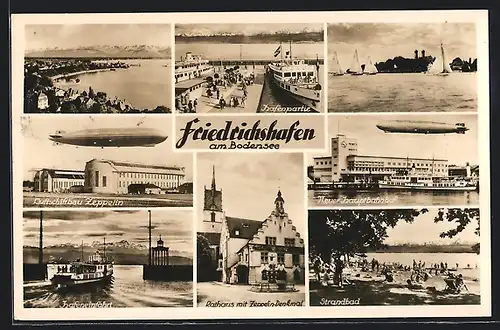 AK Friedrichshafen, Zeppelin Luftschiff über dem Hauptbahnhof, Hafenpartie, Luftschiffbau - Hangars, Zeppelin-Denkmal