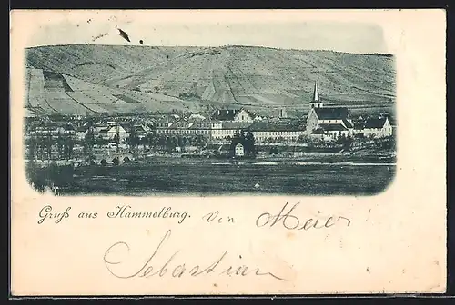 AK Hammelburg, Ortsansicht mit Kirche und Feldern