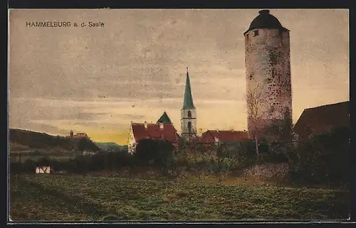 AK Hammelburg a. d. Saale, Teilansicht mit Kirche und Turm