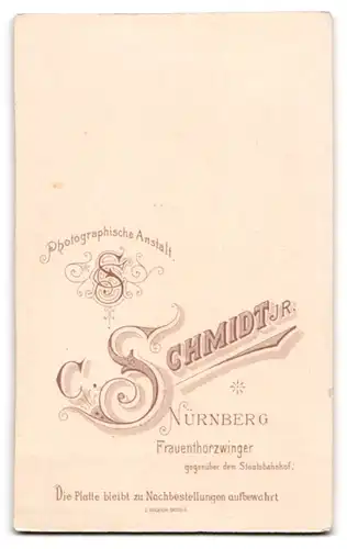 Fotografie C. Schmidt jr., Nürnberg, Frauenthorzwinger, Eleganter Herr mit Schnauzbart u. Kneifer