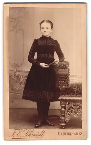 Fotografie F. E. Schmidt, Olbernhau i. S., Mädchen in tadelloser Haltung u. reich verziertem Kleid