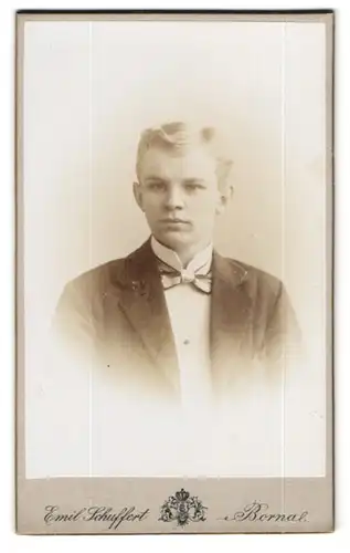 Fotografie Emil Schuffert, Borna, Blonder junger Herr im Anzug mit Scheitel u. Fliege