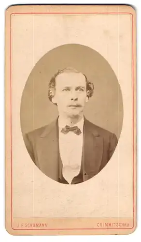 Fotografie J. F. Schumann, Crimmitschau, obere Vorstadt 243, Eleganter Herr mit Locken, Kinnbart u. Fliege
