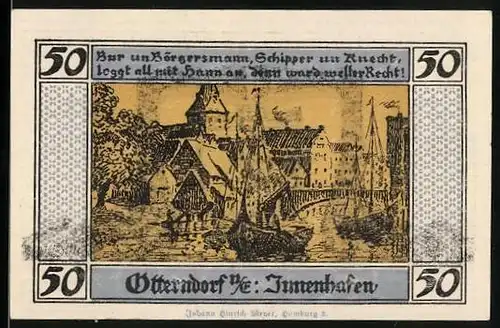 Notgeld Otterndorf u. E. 1920, 50 Pfennig, Wappen und Innenhafen