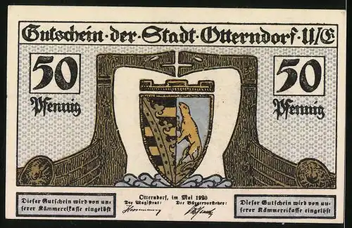 Notgeld Otterndorf u. E. 1920, 50 Pfennig, Wappen und Innenhafen