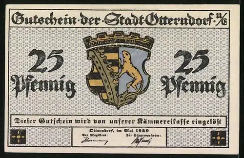 Notgeld Otterndorf u. E. 1920, 25 Pfennig, Aussenhafen und Wappen
