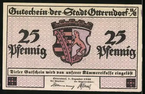 Notgeld Otterndorf u. E. 1920, 25 Pfennig, Wappen und Aussenhafen