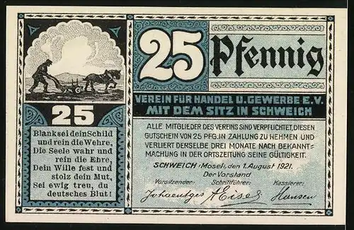 Notgeld Schweich 1921, 25 Pfennig, Pferdepflug und Schweicher Fähre