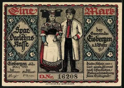 Notgeld Eisbergen a. d. Weser 1921, 1 Mark, Paar in Tracht, tanzende Menschen