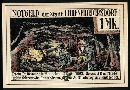Notgeld Ehrenfriedersdorf 1921, 1 Mark, Bergbauarbeiter unter Tage