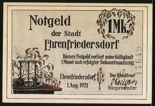 Notgeld Ehrenfriedersdorf 1921, 1 Mark, Bergbauarbeiter unter Tage