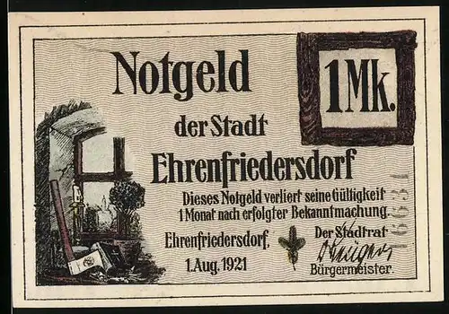 Notgeld Ehrenfriedersdorf 1921, 1 Mark, Bergbauarbeiter bei einer Beerdigung