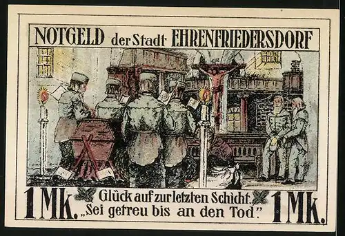 Notgeld Ehrenfriedersdorf 1921, 1 Mark, Bergbauarbeiter bei einer Beerdigung