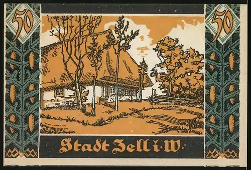 Notgeld Zell i. W. 1921, 50 Pfennig, Landhaus mit Reetdach