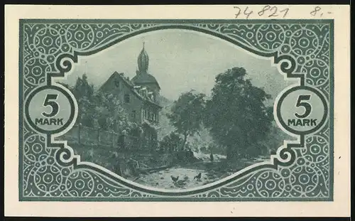 Notgeld Mosbach 1918, 5 Mark, Wegpartie mit Hühnern