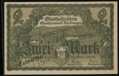 Notgeld Furtwangen 1918, 2 Mark, Schneiderin und Ort mit Wegkreuz und Kirche