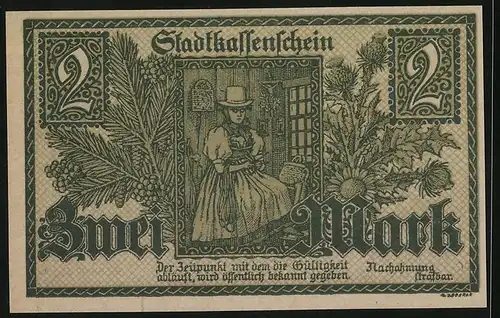 Notgeld Furtwangen 1918, 2 Mark, Schneiderin und Ort mit Wegkreuz und Kirche