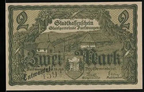 Notgeld Furtwangen 1918, 2 Mark, Ort mit Kirche und Wegkreuz, Schneiderin