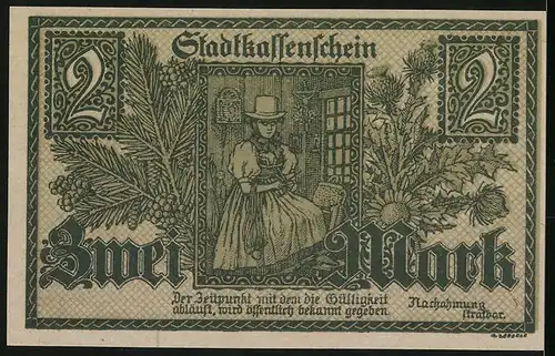 Notgeld Furtwangen 1918, 2 Mark, Ort mit Kirche und Wegkreuz, Schneiderin