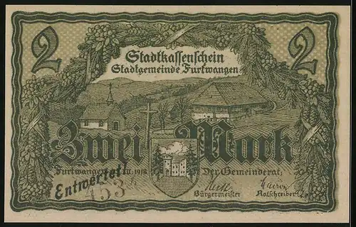 Notgeld Furtwangen 1918, 2 Mark, Schneiderin und Ortsansicht mit Kirche und Wegkreuz