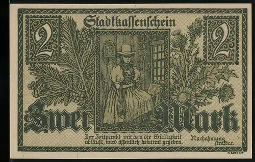 Notgeld Furtwangen 1918, 2 Mark, Ortsansicht mit Wegkreuz und Kirche, Schneiderin