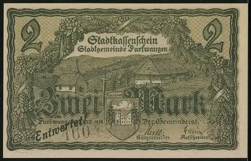 Notgeld Furtwangen 1918, 2 Mark, Ortsansicht mit Wegkreuz und Kirche, Schneiderin