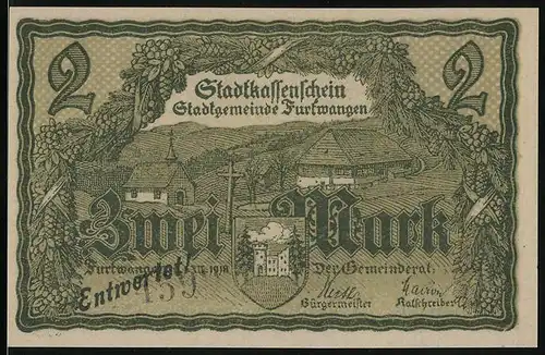 Notgeld Furtwangen 1918, 2 Mark, Wegkreuz und Kirche, Schneiderin