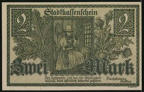 Notgeld Furtwangen 1918, 2 Mark, Wegkreuz und Kirche, Schneiderin