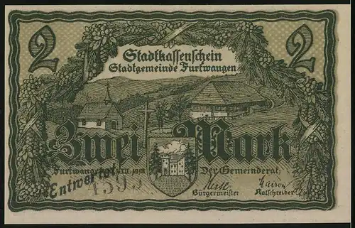 Notgeld Furtwangen 1918, 2 Mark, Schneiderin, Kirche und Wegkreuz