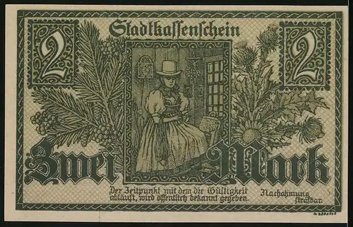 Notgeld Furtwangen 1918, 2 Mark, Kirche und Wegkreuz im Ort, Schneiderin