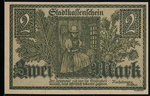 Notgeld Furtwangen 1918, 2 Mark, Schneiderin, Ort mit Kirche und Wegkreuz