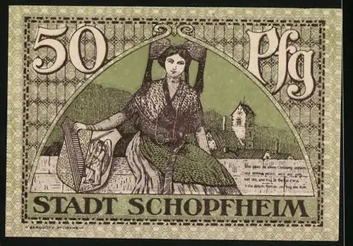 Notgeld Schopfheim 1919, 50 Pfennig, Frau in Tracht mit Wappen