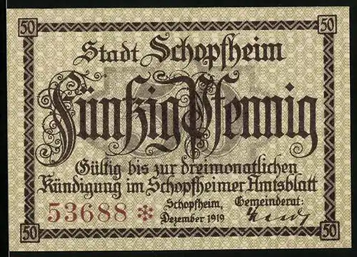 Notgeld Schopfheim 1919, 50 Pfennig, Frau in Tracht mit Wappen