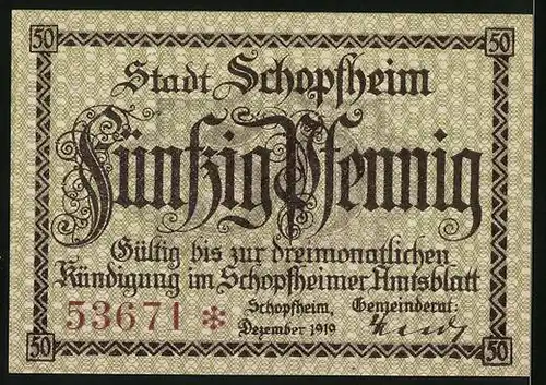 Notgeld Schopfheim 1919, 50 Pfennig, Frau in Tracht mit Wappen