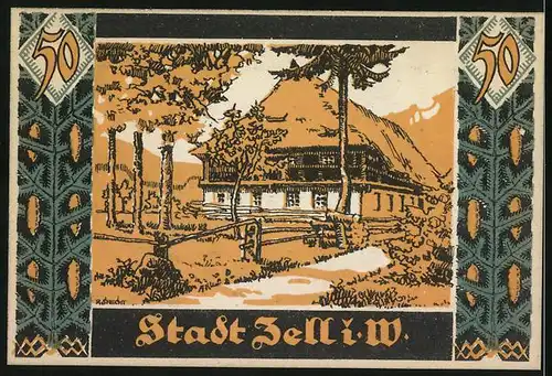 Notgeld Zell i. W. 1921, 50 Pfennig, reetgedecktes Landhaus