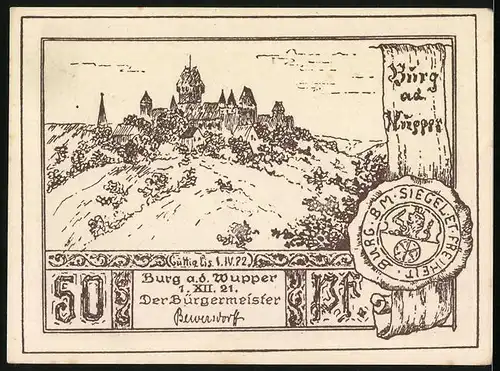 Notgeld Burg a. d. Wupper 1921, 50 Pfennig, Ortsansicht, Märchenerzählerin