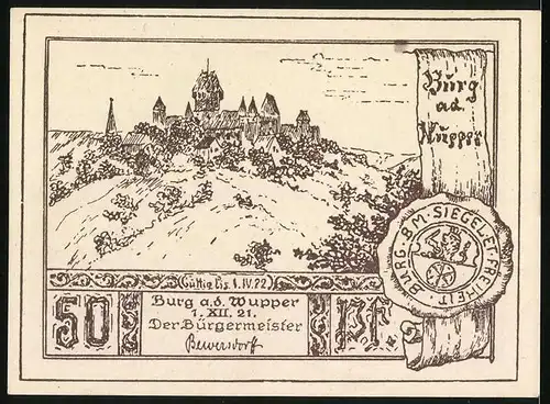 Notgeld Burg a. d. Wupper 1921, 50 Pfennig, Ortsansicht, Bergfried mit Schildmauer