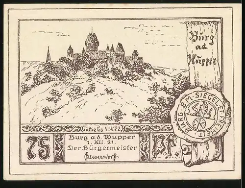 Notgeld Burg a. d. Wupper 1921, 75 Pfennig, Ortsansicht, Suitbertus verkündigt das Evangelium