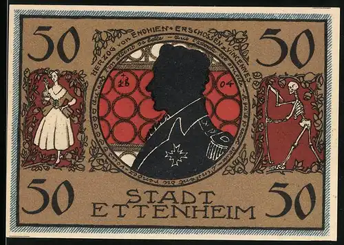 Notgeld Ettenheim 1922, 50 Pfennig, Silhouette des Herzogs von Enghien, Wappen