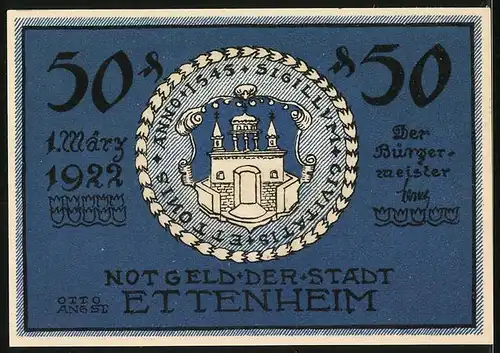 Notgeld Ettenheim 1922, 50 Pfennig, Kapelle unter den Linden, Wappen