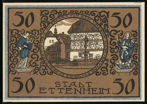 Notgeld Ettenheim 1922, 50 Pfennig, Springbrunnen am Fachwerkhaus, Wappen