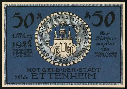 Notgeld Ettenheim 1922, 50 Pfennig, Springbrunnen am Fachwerkhaus, Wappen