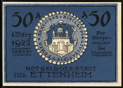 Notgeld Ettenheim 1922, 50 Pfennig, Ortswappen, Ortspartie mit Springbrunnen