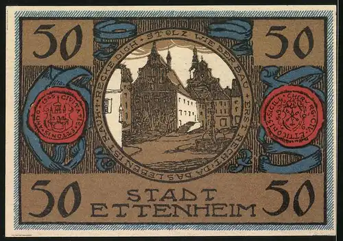 Notgeld Ettenheim 1922, 50 Pfennig, Ortswappen, Ortspartie mit Springbrunnen