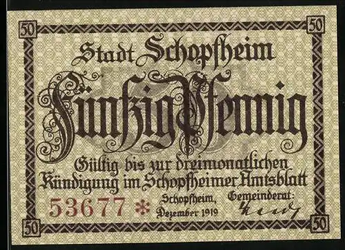 Notgeld Schopfheim 1919, 50 Pfennig, Frau in traditioneller Kleidung mit Wappen